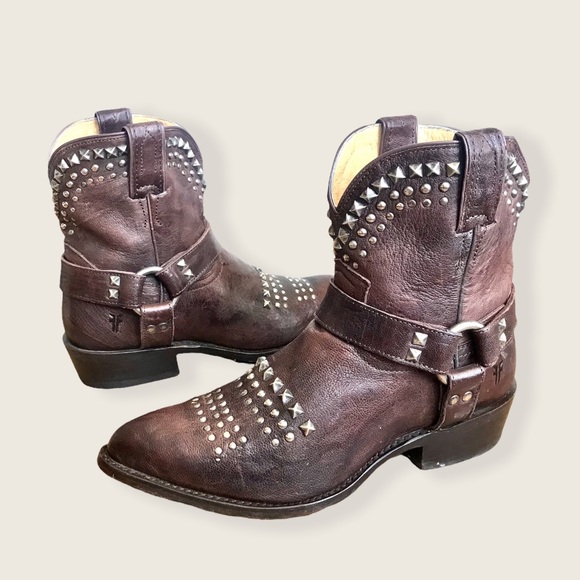 Frye Billy Biker Studded Brown Leather Harness Vintage Festival Moto Ankle Boots - Picture 2 of 9